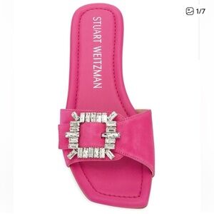 Stuart Weitzman Shine Crystal-Embellished Buckle Slides in pink